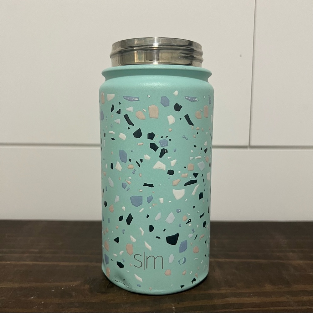 Simple Modern Blue Terrazzo Print Kids Water Bottle with No Lid.